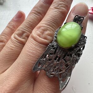 VTG Huge Oversized Bug Ring Green Cabochon Open Band Statement Ring